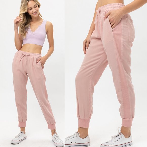 NEW Pink Tencel High Waist Rib Panel Jogger Pants - Picture 2 of 9